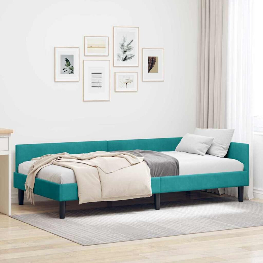 vidaXL Hoekbedframe Turquoise 100 x 200 cm Velvet en Engineered hout afbeelding 1
