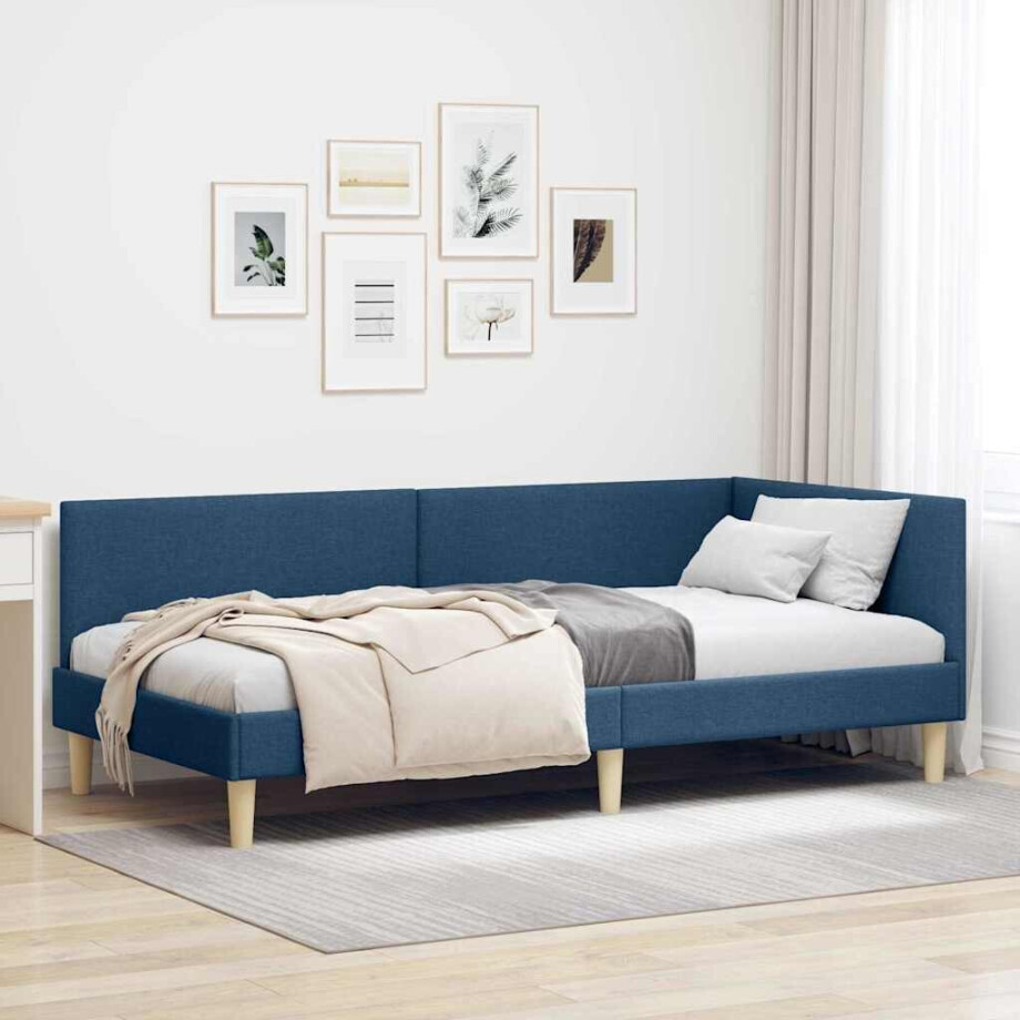 vidaXL Hoekbedframe Blauw 90 cm x 190 cm Stof en multiplex afbeelding 1