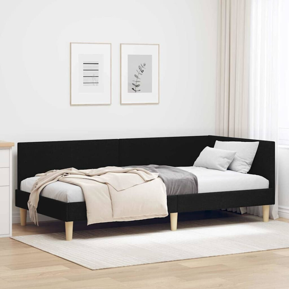vidaXL Hoekbedframe Zwart 90 cm x 200 cm Stof en multiplex afbeelding 1