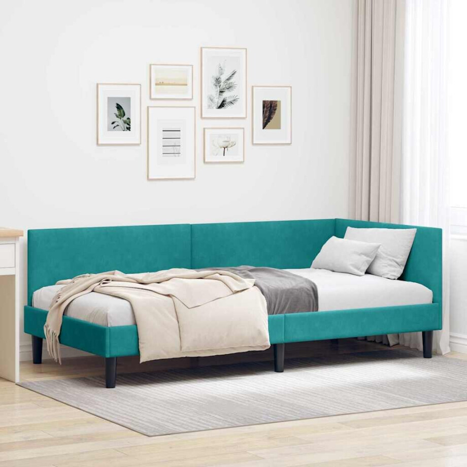 vidaXL Hoekbedframe Turquoise 90 x 190 cm Fluweel en Engineered hout afbeelding 1