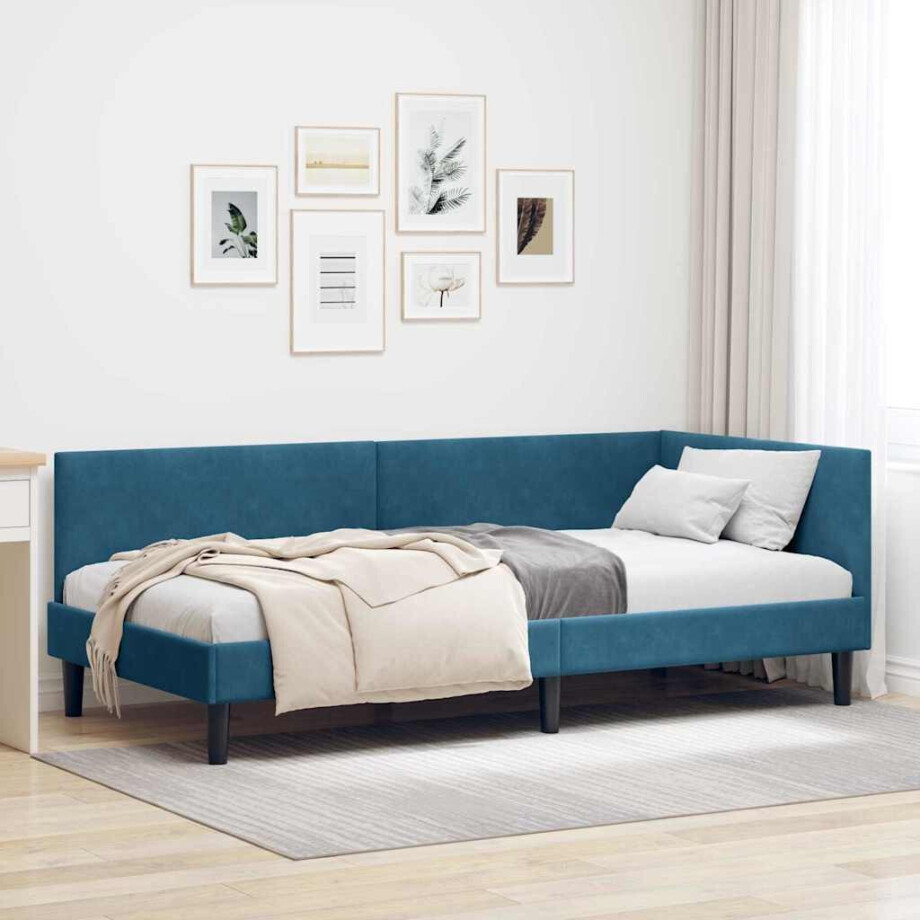 vidaXL Hoekbedframe Blauw 100 x 200 cm Fluweel en Engineered hout vidaXL Hoekbedframe Blauw 100 x 200 cm Fluweel en Engineered hout afbeelding 1