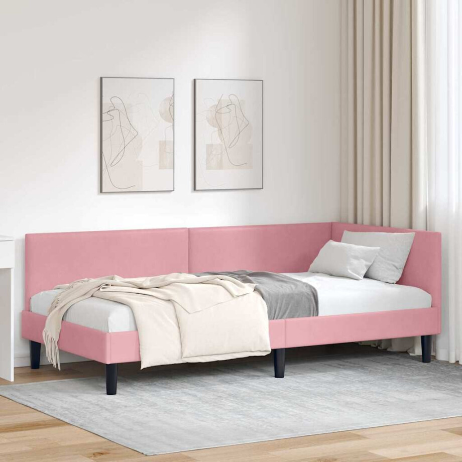 vidaXL Hoekbedframe Roze 100 x 200 cm Fluweel en Engineered hout vidaXL Hoekbedframe Roze 100 x 200 cm Fluweel en Engineered hout afbeelding 1