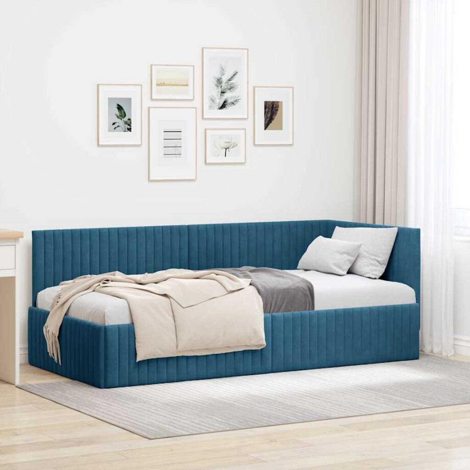 vidaXL Hoekbedframe met hoofdeinde Blauw 90 cm x 200 cm Fluweel afbeelding 1