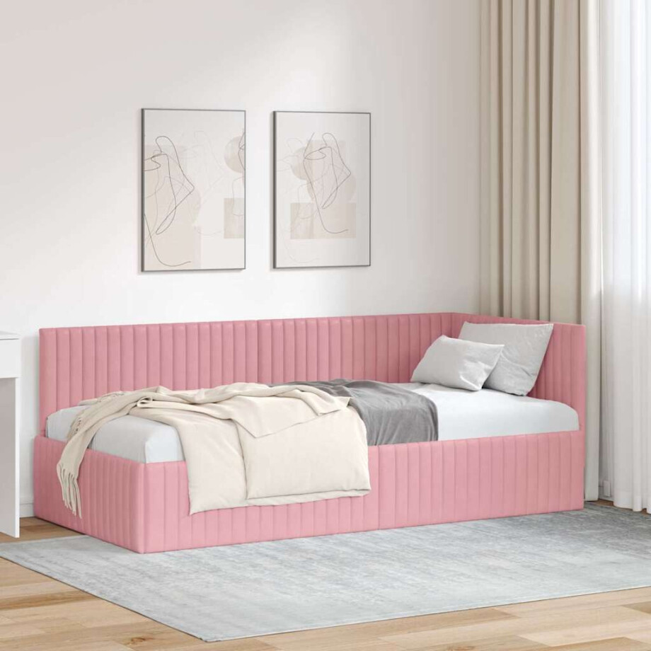 vidaXL Hoekbedframe met hoofdeinde Roze 90 cm x 200 cm Fluweel afbeelding 1