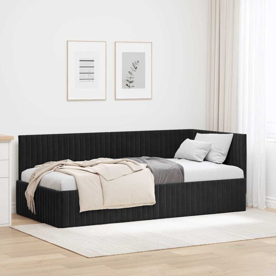 vidaXL Hoekbedframe met hoofdeinde Zwart 90 cm x 200 cm Fluweel afbeelding 1