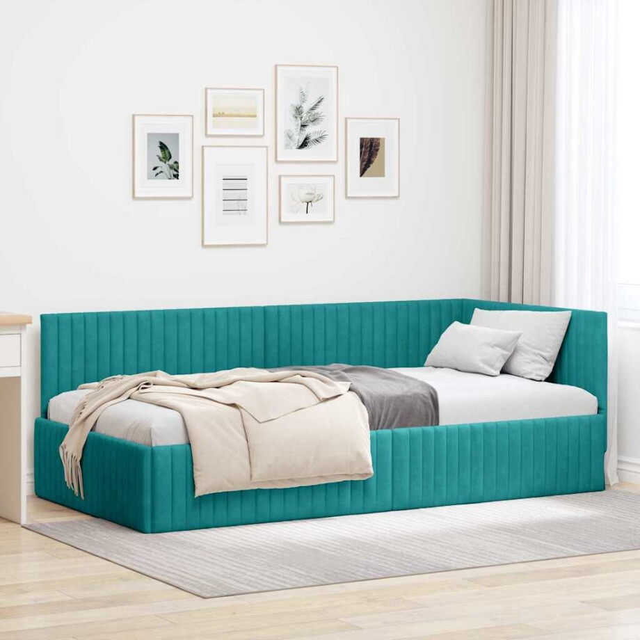 vidaXL Hoekbedframe met hoofdeinde Turquoise 100 x 200 cm Fluweel afbeelding 1