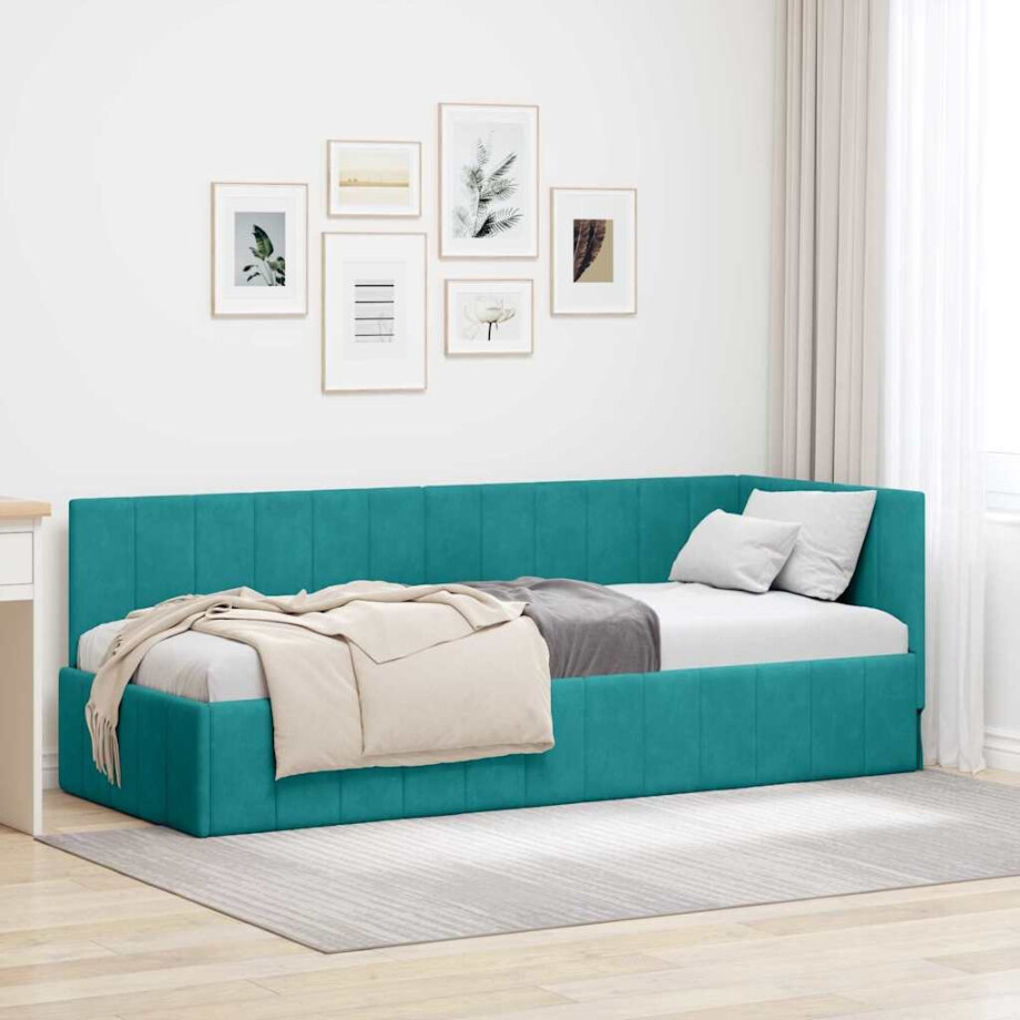 vidaXL Hoekbedframe met hoofdeinde Turquoise 80 x 200 cm Fluweel afbeelding 1