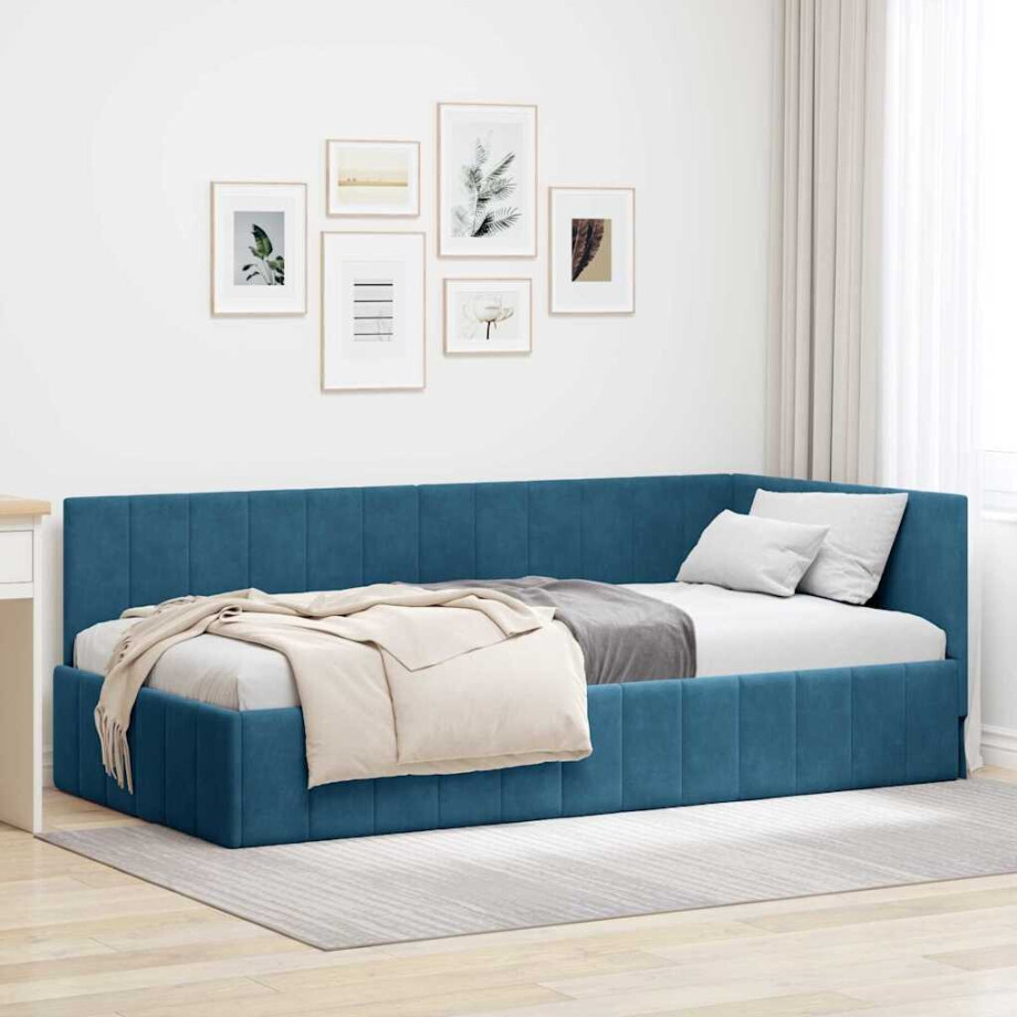vidaXL Hoekbedframe met hoofdeinde Blauw 90 cm x 190 cm Fluweel afbeelding 1