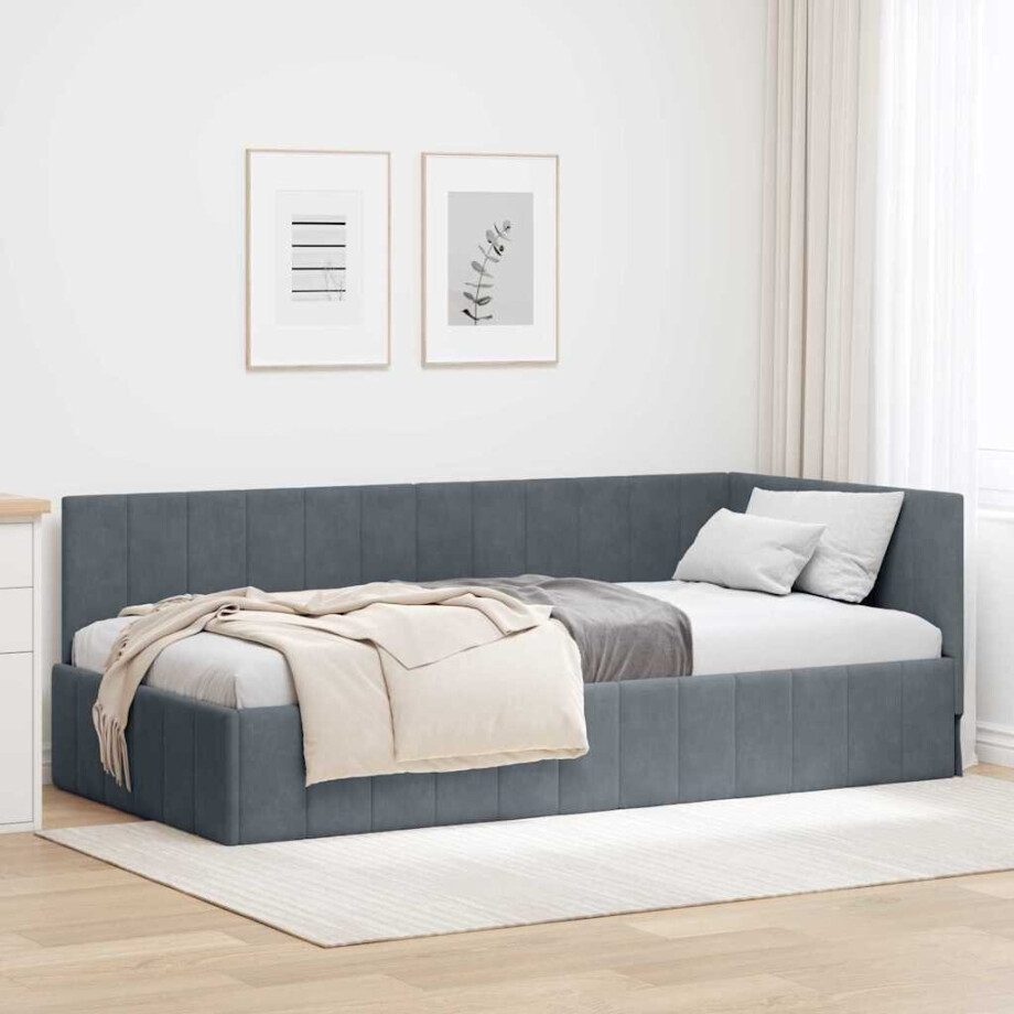vidaXL Hoekbedframe met hoofdeinde Donkergrijs 90 x 190 cm Fluweel vidaXL Hoekbedframe met hoofdeinde Donkergrijs 90 x 190 cm Fluweel afbeelding 1
