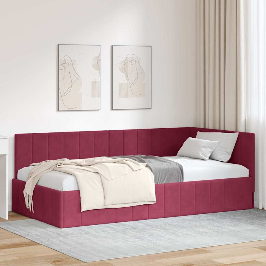 vidaXL Hoekbedframe met hoofdeinde Wijnrood 90 x 200 cm Fluweel afbeelding 1
