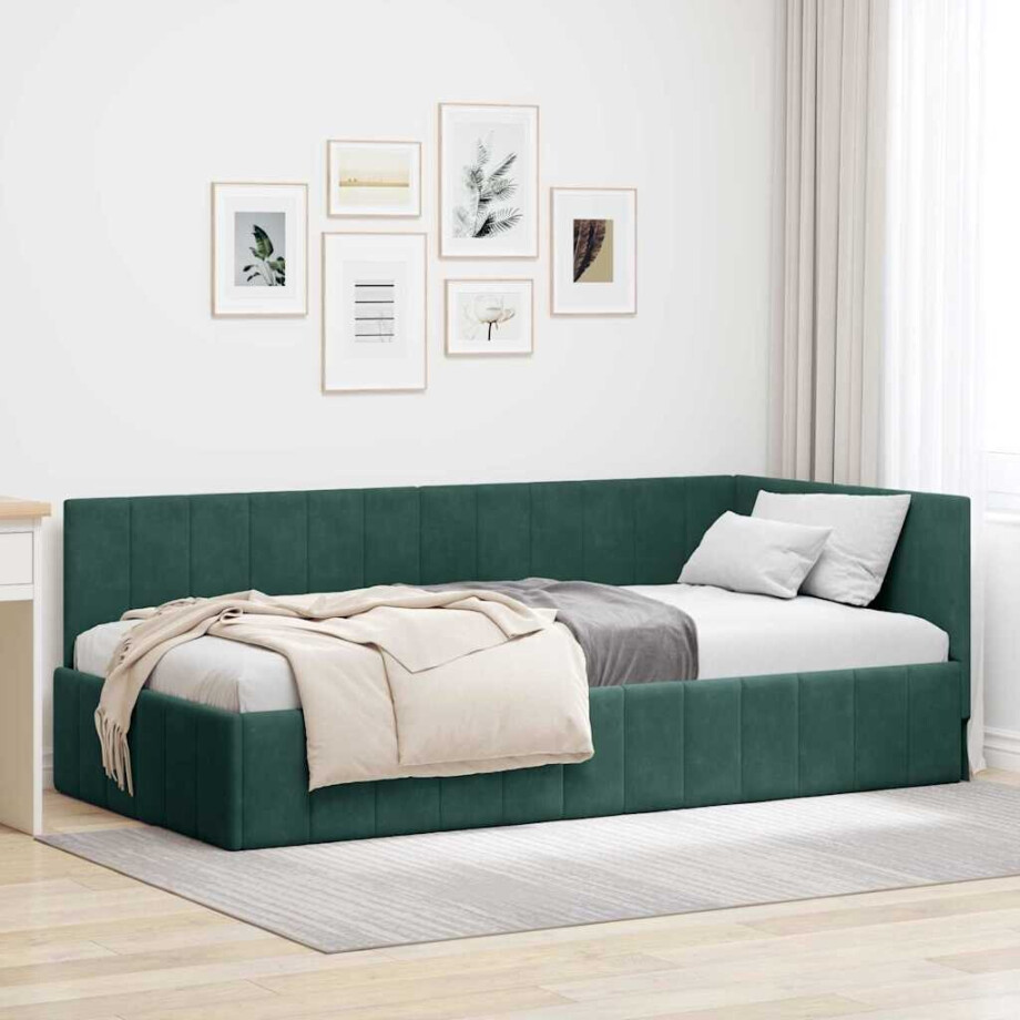 vidaXL Hoekbedframe met hoofdeinde Donkergroen 100 cm x 200 cm Fluweel afbeelding 1
