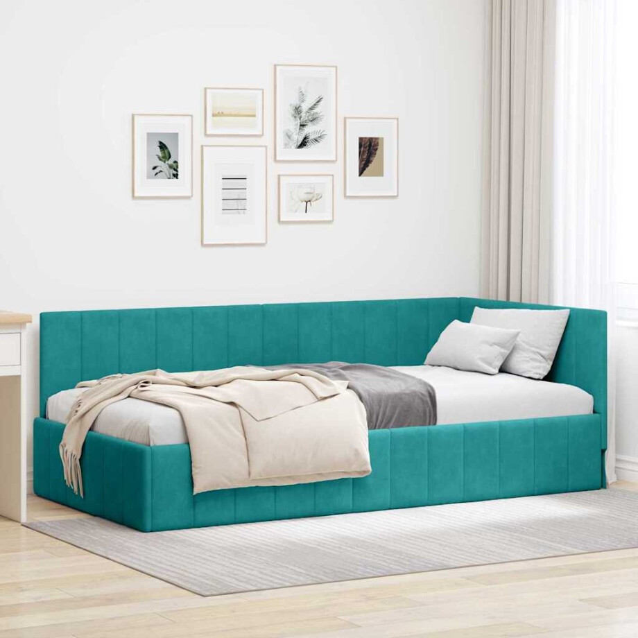 vidaXL Hoekbedframe met hoofdeinde Turquoise 100 x 200 cm Fluweel afbeelding 1