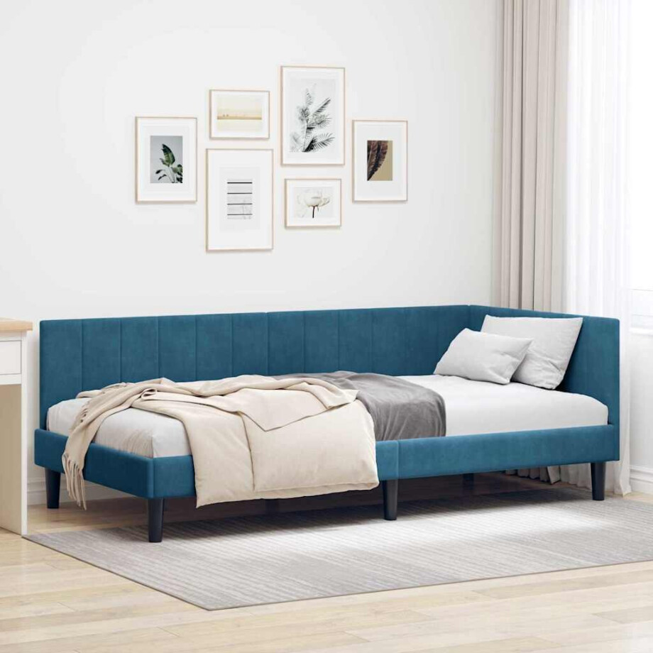 vidaXL Hoekbedframe met hoofdeinde Blauw 90 cm x 190 cm Fluweel afbeelding 1