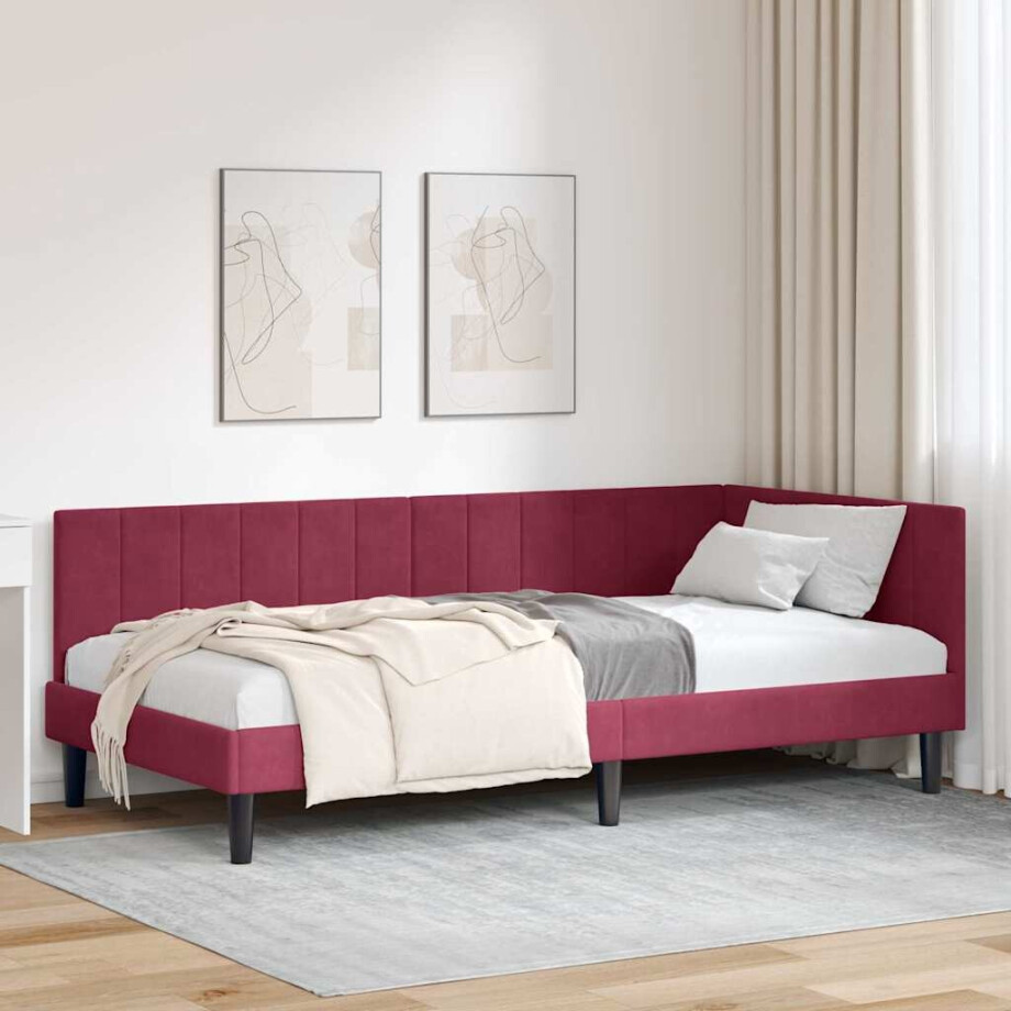 vidaXL Hoekbedframe met hoofdeinde Wijnrood 90 cm x 190 cm Fluweel afbeelding 1
