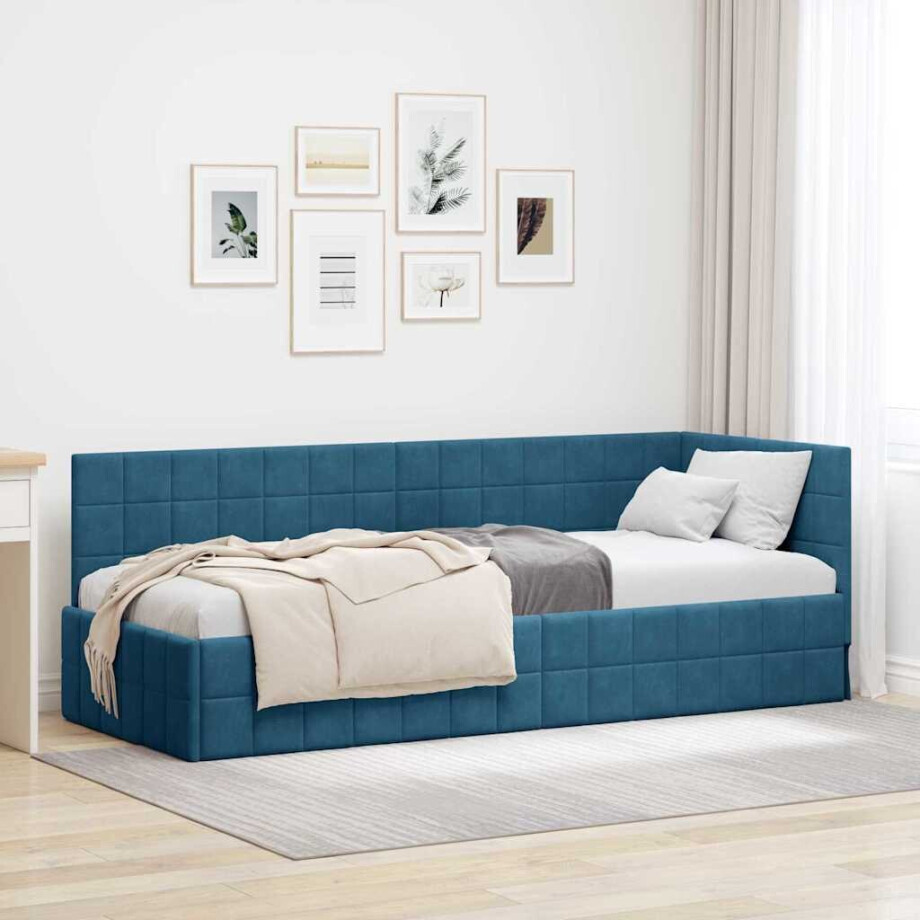 vidaXL Hoekbedframe met hoofdeinde Blauw 80 cm x 200 cm Fluweel afbeelding 1
