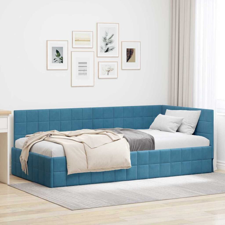 vidaXL Hoekbedframe met hoofdeinde Blauw 90 cm x 190 cm Fluweel afbeelding 1