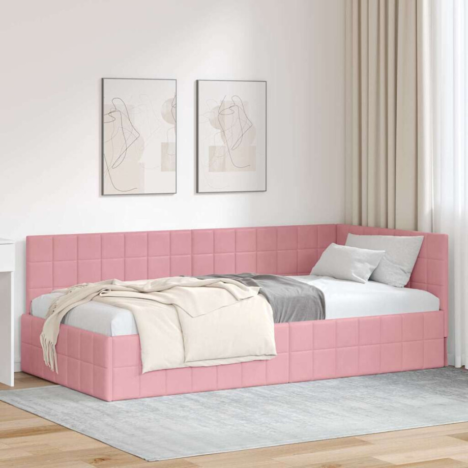 vidaXL Hoekbedframe met hoofdeinde Roze 90 cm x 190 cm Fluweel afbeelding 1