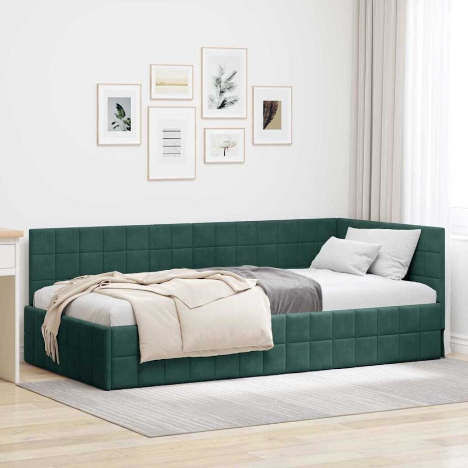 vidaXL Hoekbedframe met hoofdeinde Donkergroen 100 cm x 200 cm Fluweel afbeelding 1