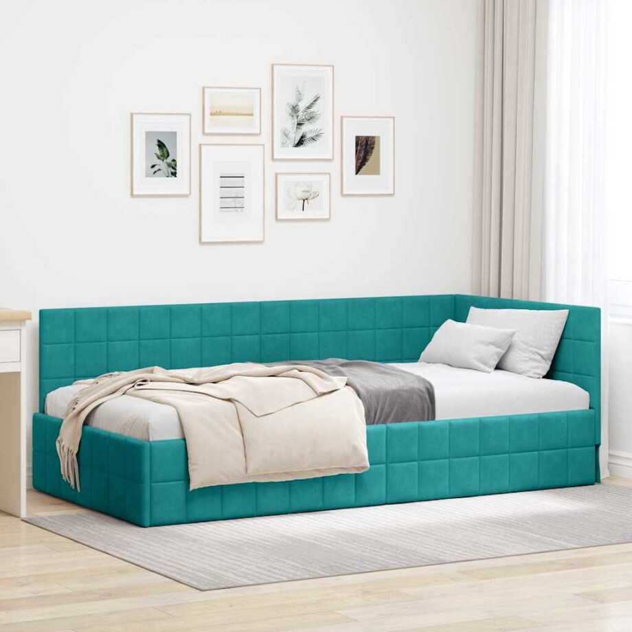 vidaXL Hoekbedframe met hoofdeinde Turquoise 100 x 200 cm Fluweel afbeelding 1