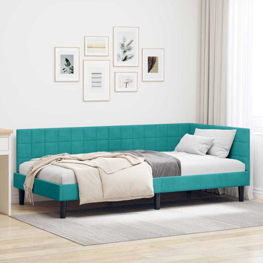 vidaXL Hoekbedframe met hoofdeinde Turquoise 90 x 200 cm Fluweel afbeelding 1