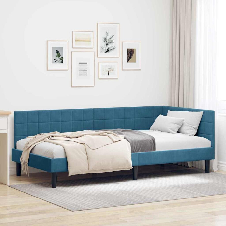 vidaXL Hoekbedframe met hoofdeinde Blauw 100 cm x 200 cm Fluweel afbeelding 1