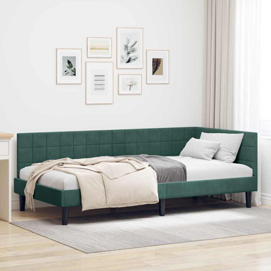 vidaXL Hoekbedframe met hoofdeinde Donkergroen 100 cm x 200 cm Fluweel afbeelding 1