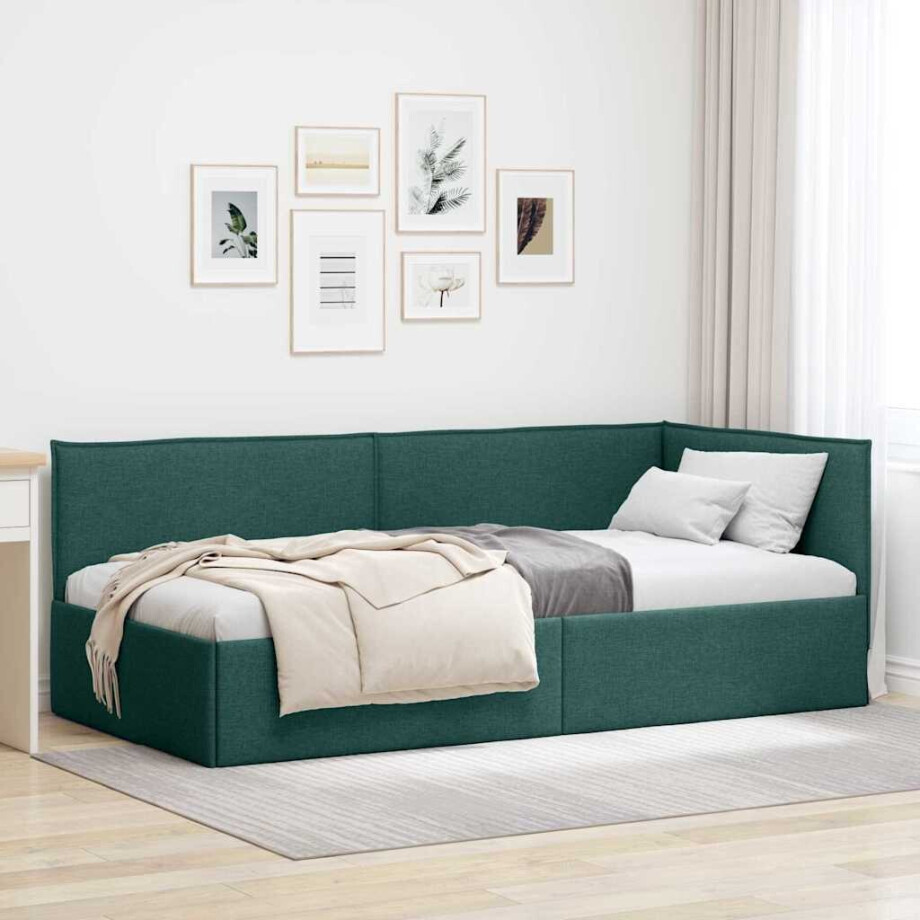 vidaXL Hoekbedframe met hoofdeinde Donkergroen 90 x 200 cm Stof vidaXL Hoekbedframe met hoofdeinde Donkergroen 90 x 200 cm Stof afbeelding 1