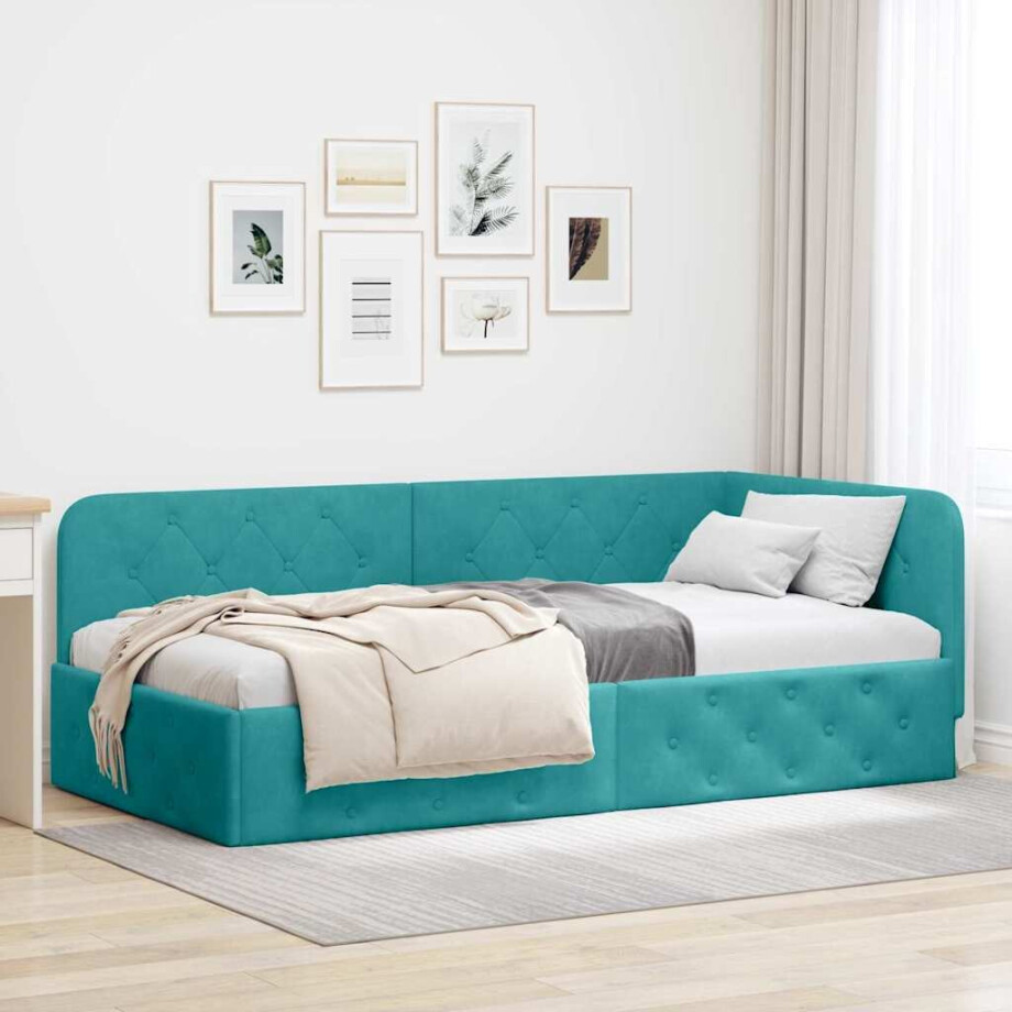 vidaXL Hoekbedframe Turquoise 90 x 190 cm Fluweel afbeelding 1