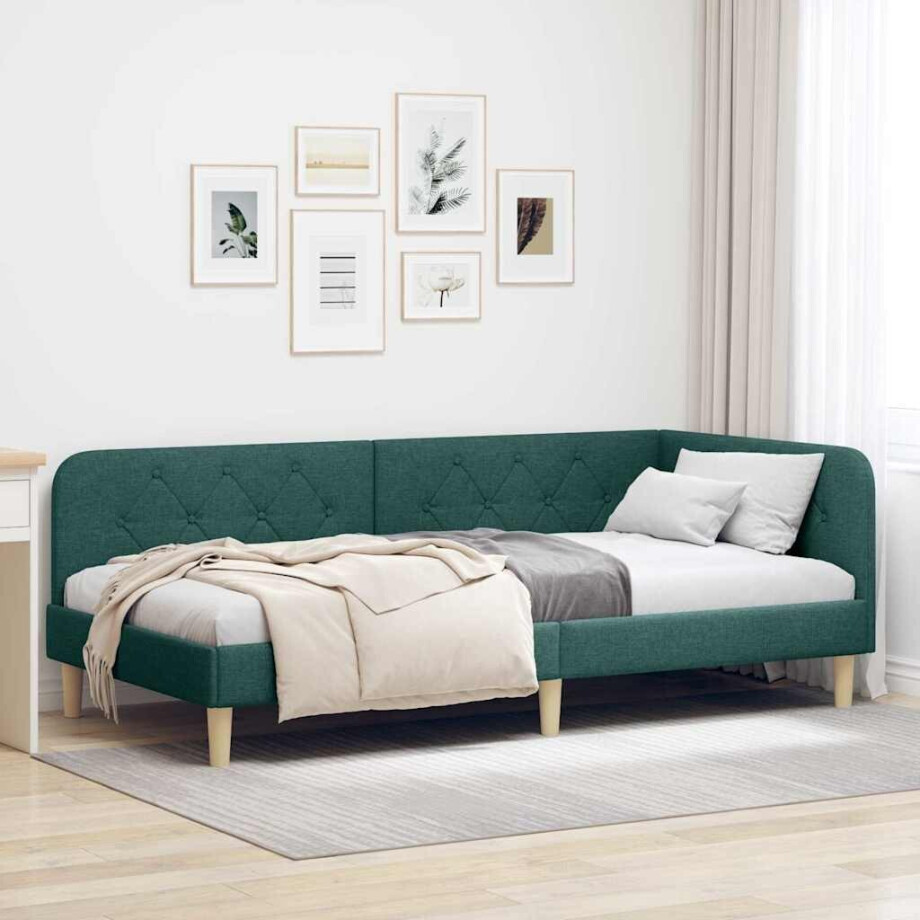 vidaXL Hoekbedframe Donkergroen 90 x 190 cm Stof afbeelding 1