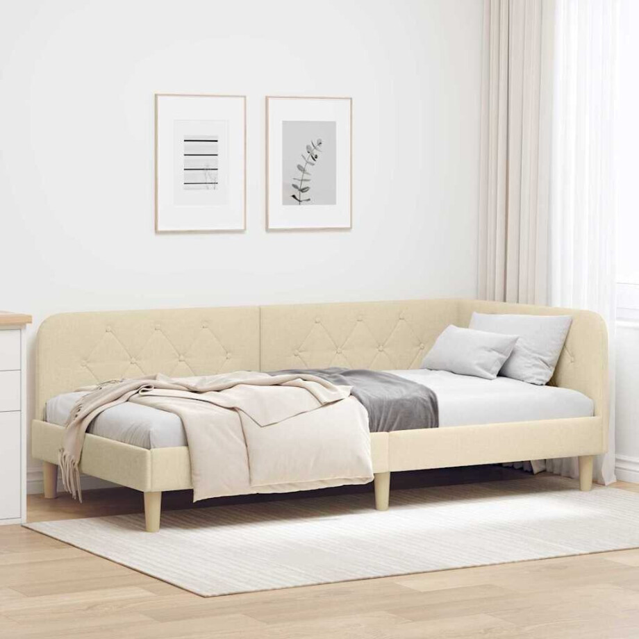 vidaXL Hoekbedframe Crème 90 x 200 cm Stof vidaXL Hoekbedframe Crème 90 x 200 cm Stof afbeelding 1