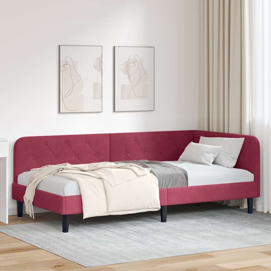 vidaXL Hoekbedframe Wijnrood 90 x 190 cm Fluweel afbeelding 1