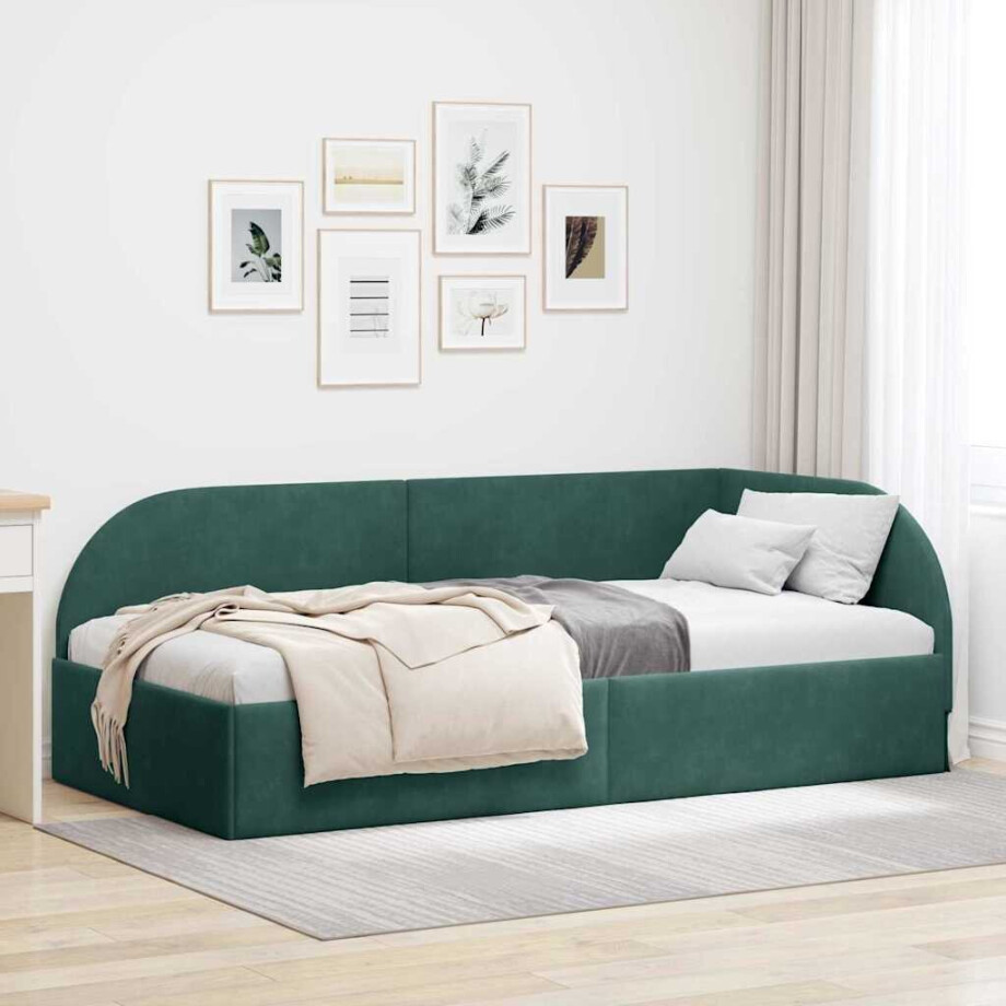 vidaXL Hoekbedframe met hoofdeinde Donkergroen 90 cm x 200 cm Fluweel afbeelding 1