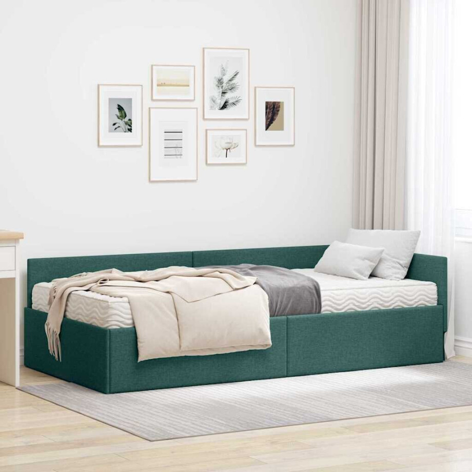vidaXL Hoekbedframe met Matras Anders met hoofdeinde 2 pcs Groen Stof afbeelding 1