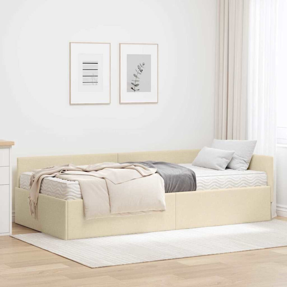vidaXL Hoekbedframe met Matras Anders met hoofdeinde 2 pcs Crème Stof afbeelding 1