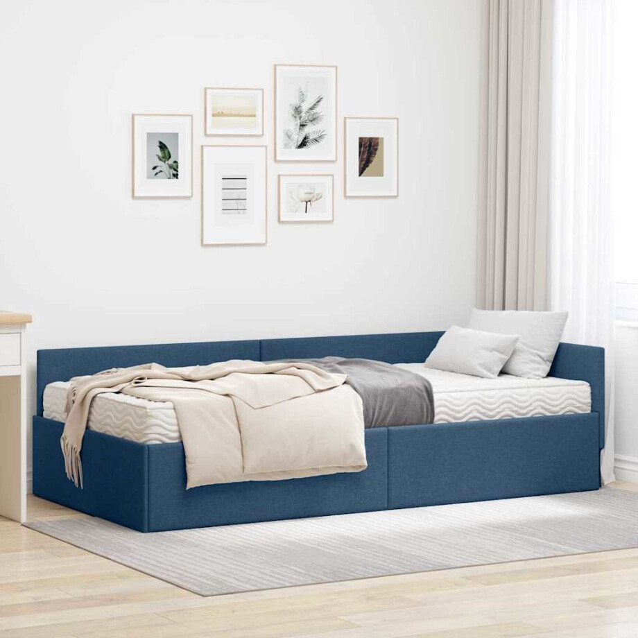 vidaXL Hoekbedframe met Matras Anders met hoofdeinde 2 pcs Blauw Stof afbeelding 1