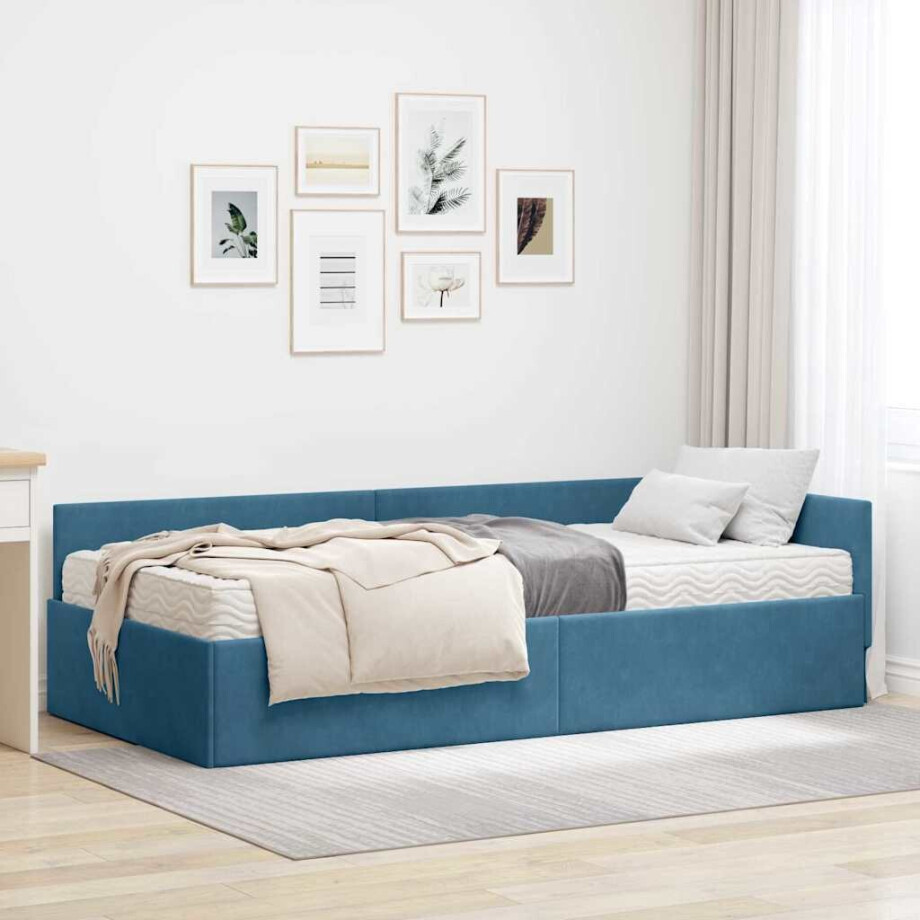 vidaXL Hoekbedframe met Matras Anders 2 pcs Blauw Fluweel afbeelding 1