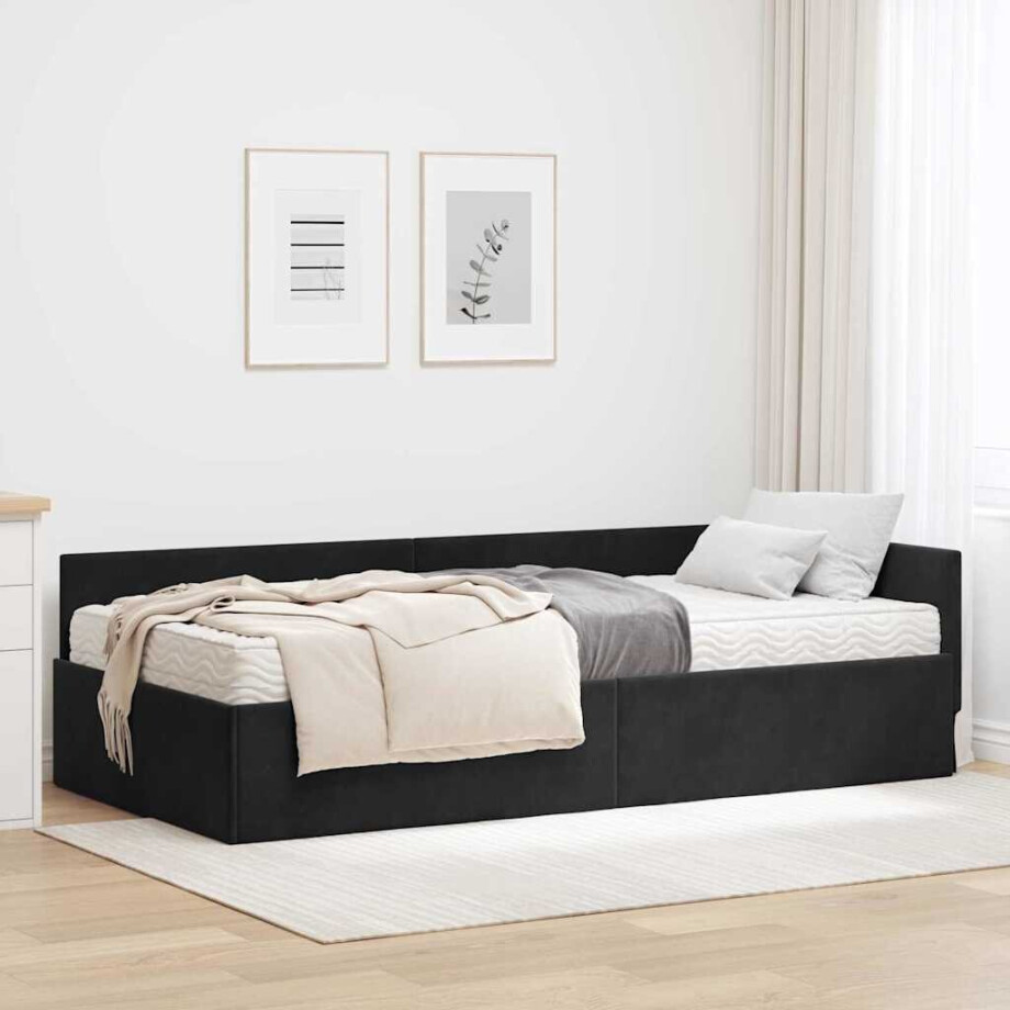 vidaXL Hoekbedframe met Matras Anders 2 pcs Zwart Fluweel afbeelding 1