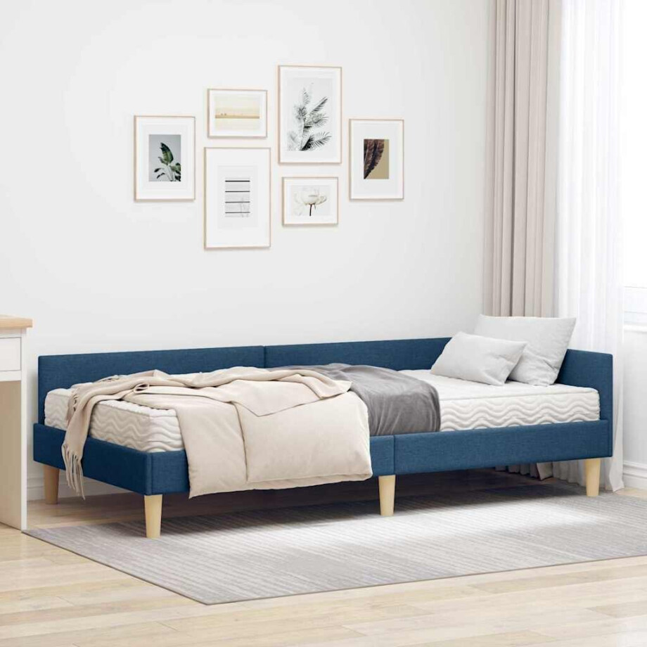 vidaXL Hoekbedframe met Matras met matras 2 pcs Blauw Stof afbeelding 1