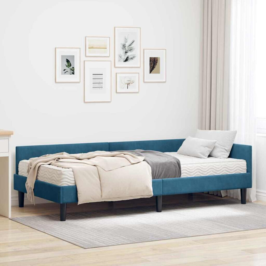 vidaXL Hoekbedframe met Matras Anders 2 pcs Blauw Fluweel afbeelding 1