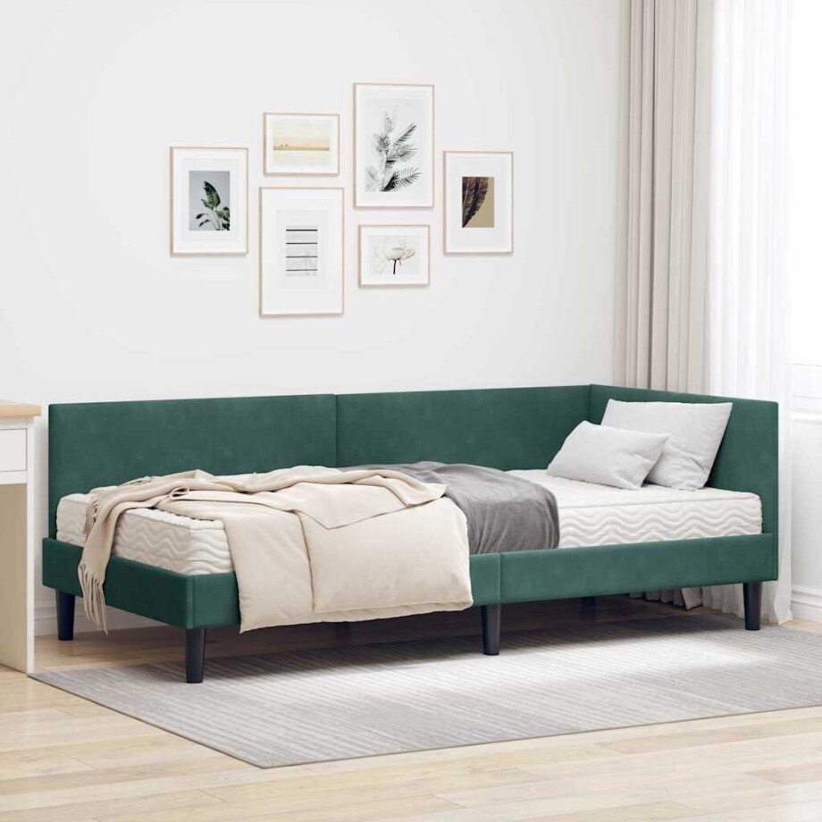 vidaXL Hoekbedframe met Matras Anders 2 pcs Groen Fluweel afbeelding 1