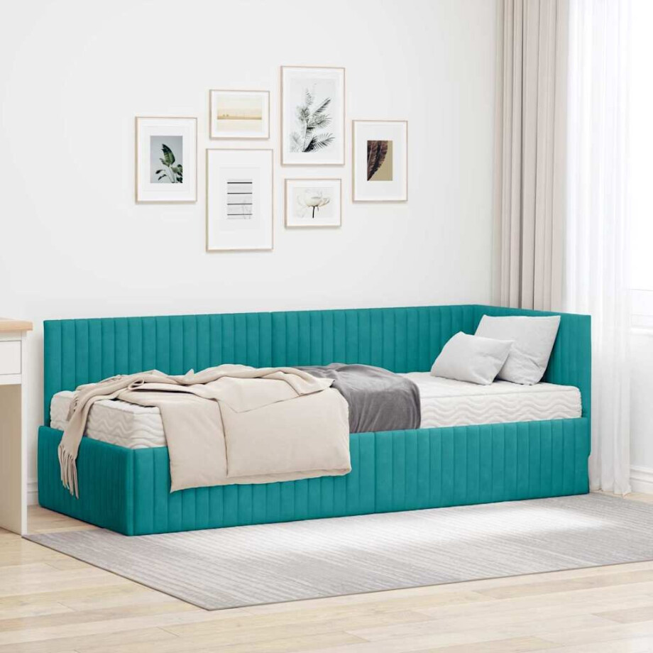 vidaXL Hoekbedframe met Matras met hoofdeinde 2 pcs Turquoise Fluweel afbeelding 1