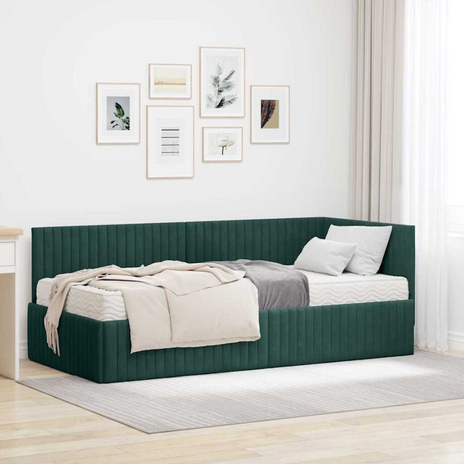 vidaXL Hoekbedframe met Matras met hoofdeinde 2 pcs Groen Fluweel afbeelding 1
