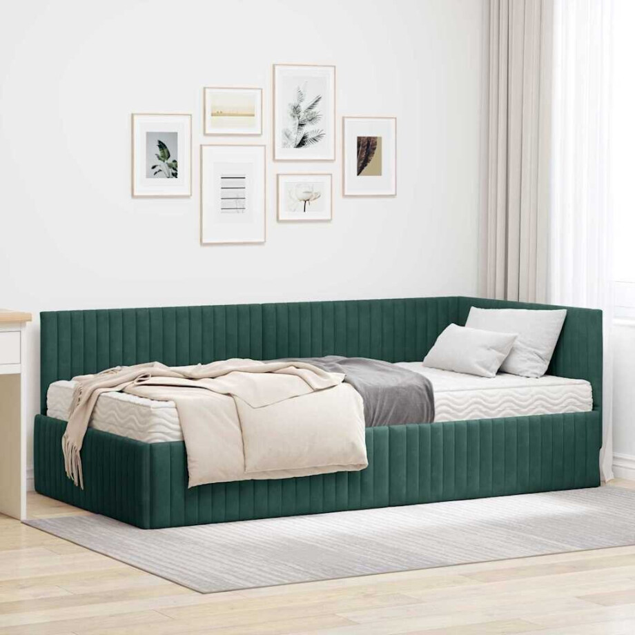 vidaXL Hoekbedframe met Matras met hoofdeinde 2 pcs Groen Fluweel afbeelding 1