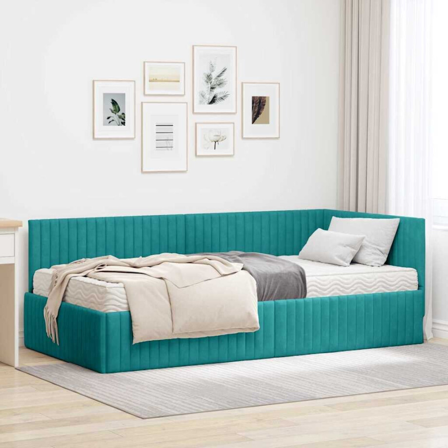 vidaXL Hoekbedframe met Matras met hoofdeinde 2 pcs Turquoise Fluweel afbeelding 1