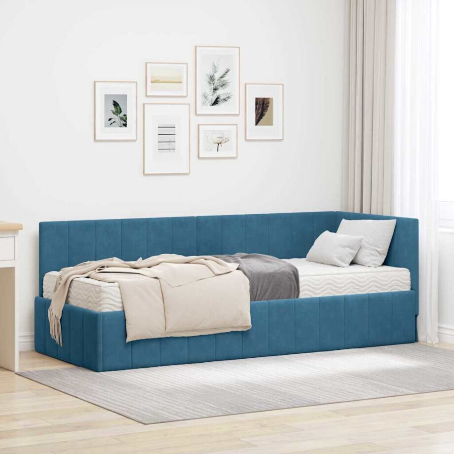 vidaXL Hoekbedframe met matras Blauw 80 x 200 cm Fluweel afbeelding 1