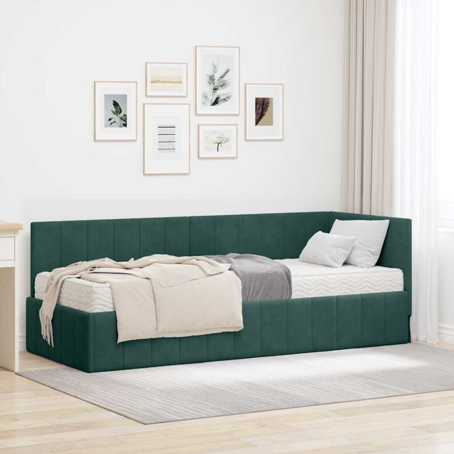 vidaXL Hoekbedframe met matras Donkergroen 80 x 200 cm Fluweel afbeelding 1