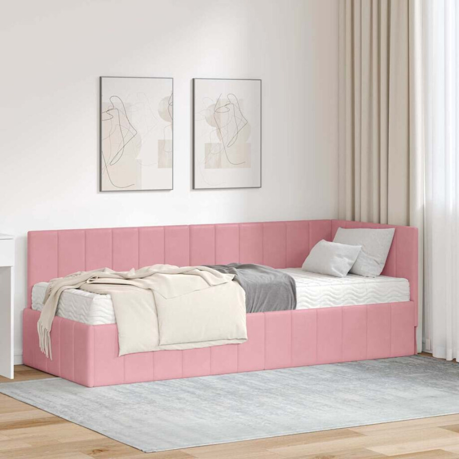 vidaXL Hoekbedframe met matras met hoofdeinde Roze 80 x 200 cm Fluweel vidaXL Hoekbedframe met matras met hoofdeinde Roze 80 x 200 cm Fluweel afbeelding 1