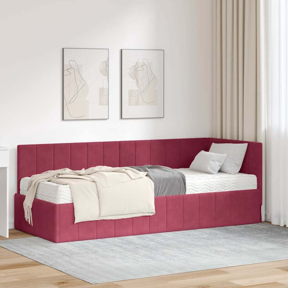 vidaXL Hoekbedframe met matras Wijnrood 80 x 200 cm Fluweel afbeelding 1