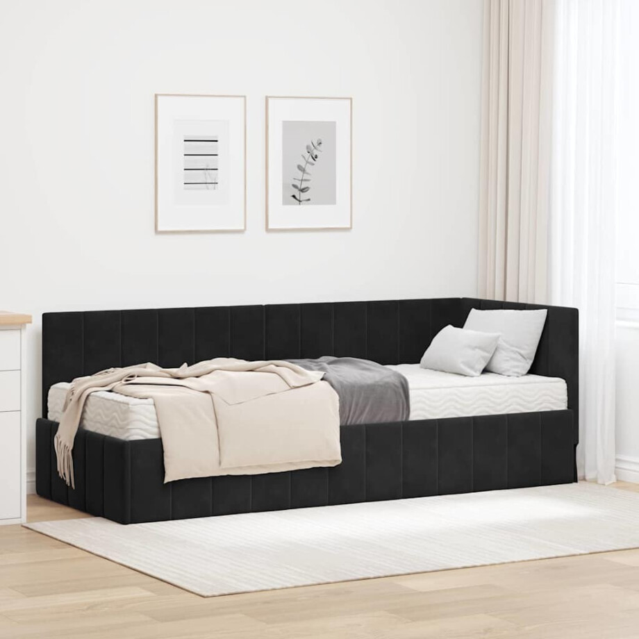 vidaXL Hoekbedframe met Matras met matras 2 pcs Zwart Fluweel afbeelding 1