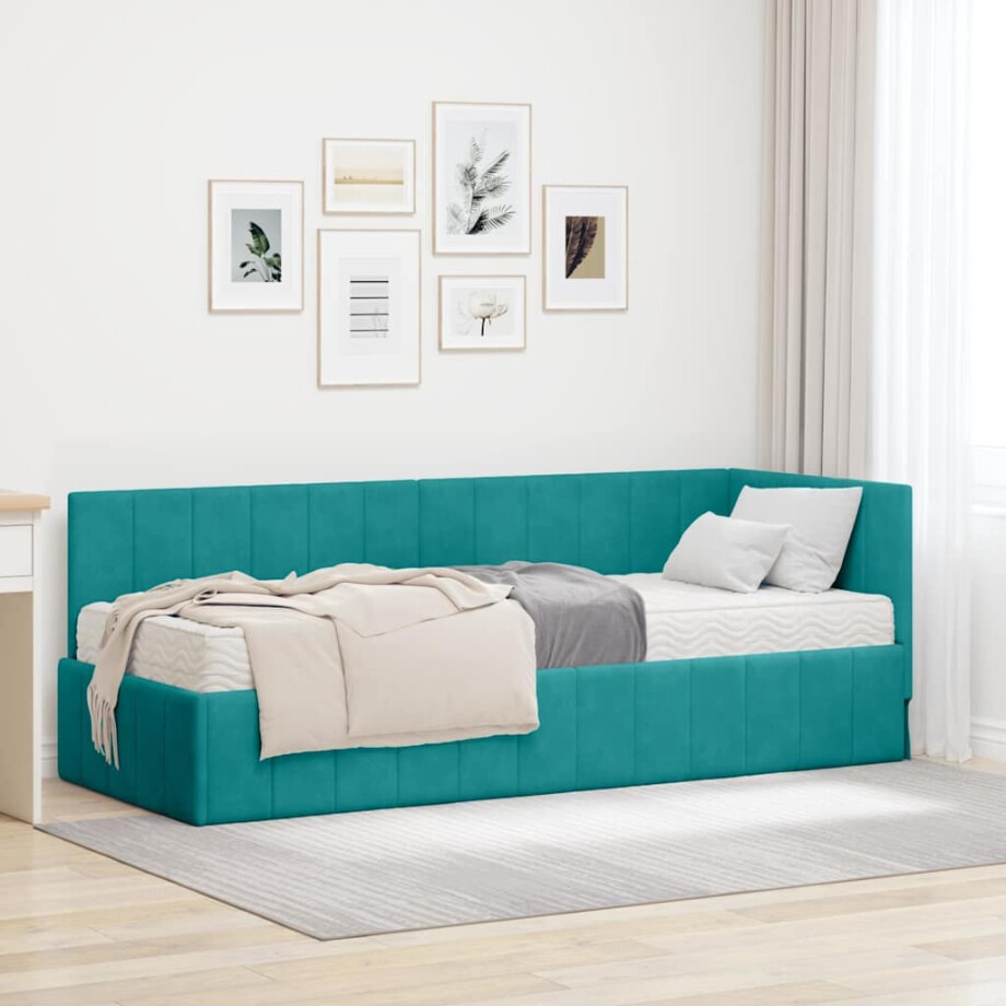 vidaXL Hoekbedframe met Matras met matras 2 pcs Turquoise Fluweel vidaXL Hoekbedframe met Matras met matras 2 pcs Turquoise Fluweel afbeelding 1